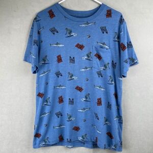 Character Hero Surf Shark Lifeguard Beach Graphic T Shirt Blue Cotton USA Made L